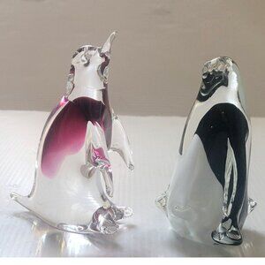 Art Glass LOT - 2 Penguin 5" Figurines: Pink Murano Crystal & Black / White Bird